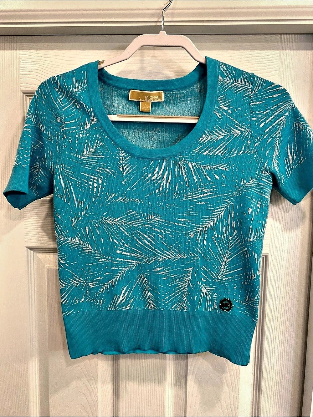 Michael Kors Turquoise Palm Print Short Sleeve Sweater Blue & White Small